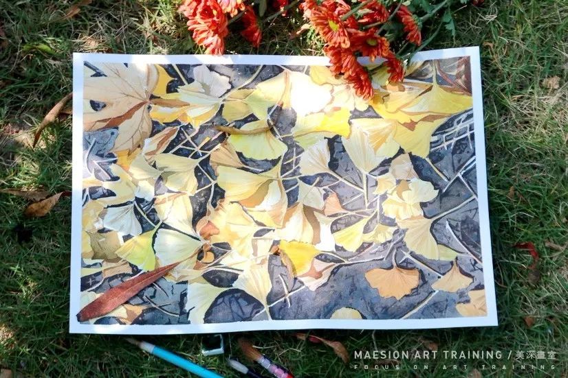 学绘画画水彩秋叶效果图